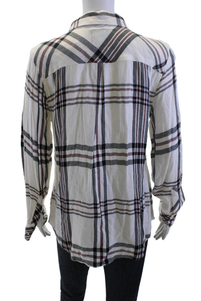 Rails Womens Plaid Rayon Collared Button-Up Shirt White Long Sleeve Size M