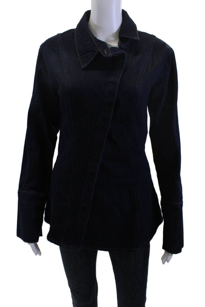 Meshki Women Classic Dark Blue Cotton Collared Long Sleeve Jacket Size 2XS