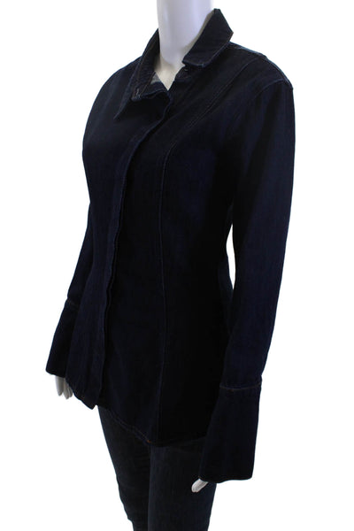 Meshki Women Classic Dark Blue Cotton Collared Long Sleeve Jacket Size 2XS