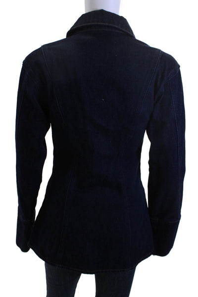 Meshki Women Classic Dark Blue Cotton Collared Long Sleeve Jacket Size 2XS