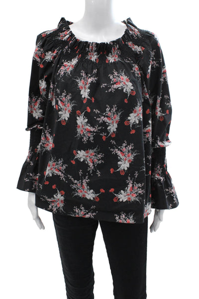 Adam Lippes Women Black Floral Tunic Blouse Long Sleeve Size M