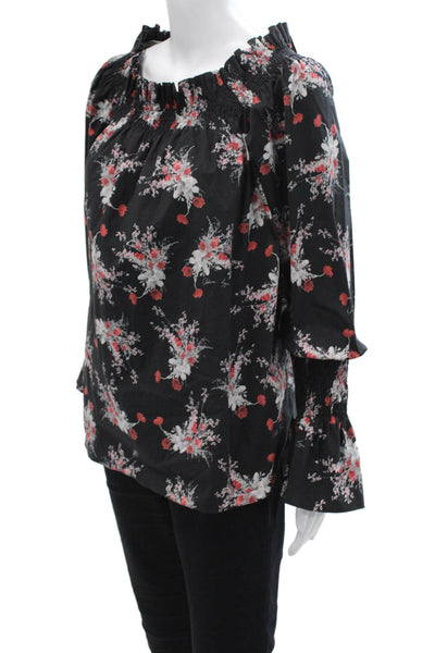 Adam Lippes Women Black Floral Tunic Blouse Long Sleeve Size M