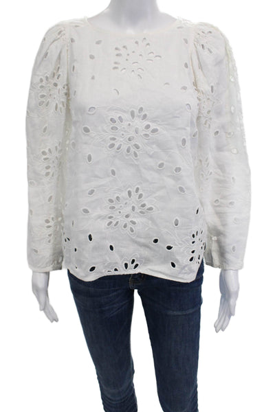Rebecca Taylor Women Blouse White Floral Linen Long Sleeve Bohemian Size M