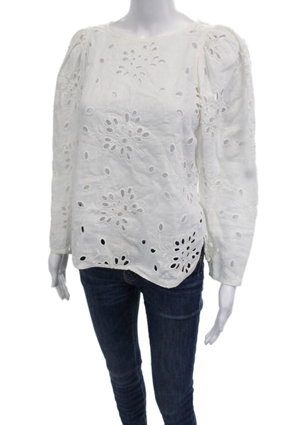 Rebecca Taylor Women Blouse White Floral Linen Long Sleeve Bohemian Size M