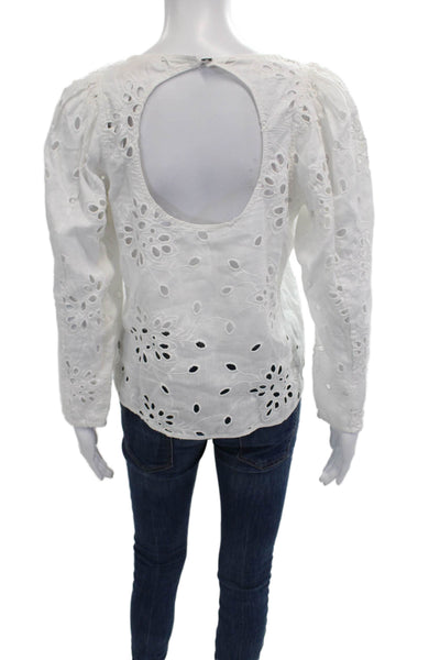 Rebecca Taylor Women Blouse White Floral Linen Long Sleeve Bohemian Size M