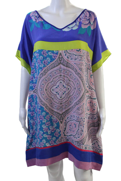Charlotte Sparre Women Kaftan Blue Floral V-Neck Short Sleeve Size XL