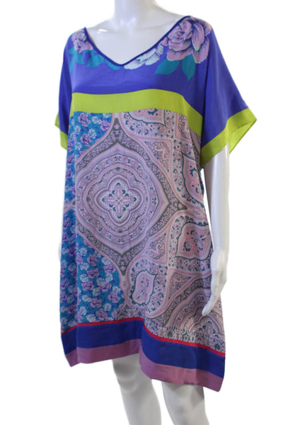 Charlotte Sparre Women Kaftan Blue Floral V-Neck Short Sleeve Size XL