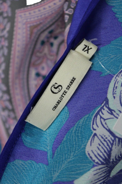 Charlotte Sparre Women Kaftan Blue Floral V-Neck Short Sleeve Size XL