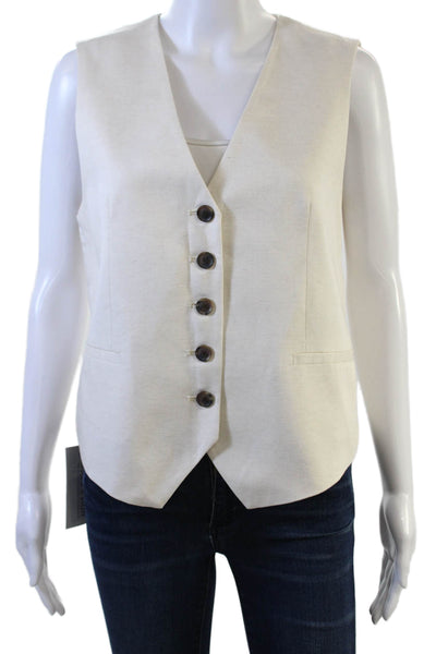 Zara Women Beige V-Neck Button Sleeveless Vest Linen Blend Size S