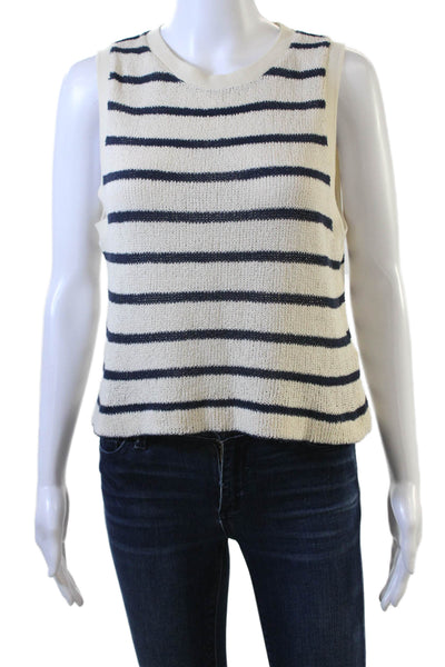 Massimo Dutti Women Basic White Striped Linen-Lyocell Crew Neck Tank Size M