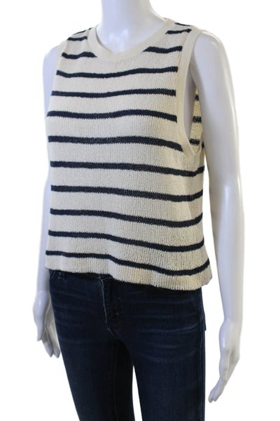 Massimo Dutti Women Basic White Striped Linen-Lyocell Crew Neck Tank Size M