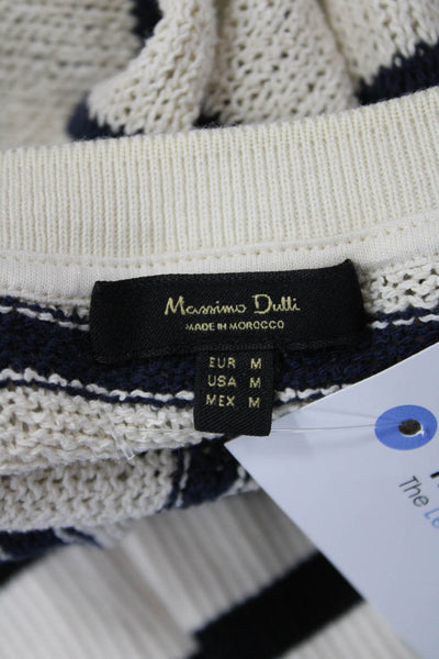 Massimo Dutti Women Basic White Striped Linen-Lyocell Crew Neck Tank Size M
