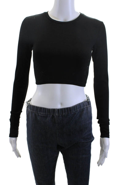 Zara Women Cropped Basic T-Shirt Black Cotton Crew Neck Long Sleeve Size M