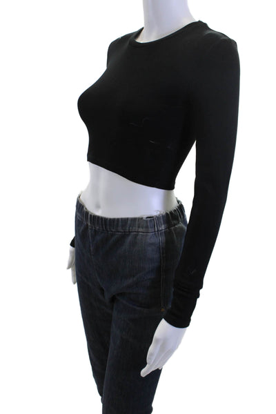 Zara Women Cropped Basic T-Shirt Black Cotton Crew Neck Long Sleeve Size M