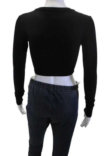 Zara Women Cropped Basic T-Shirt Black Cotton Crew Neck Long Sleeve Size M