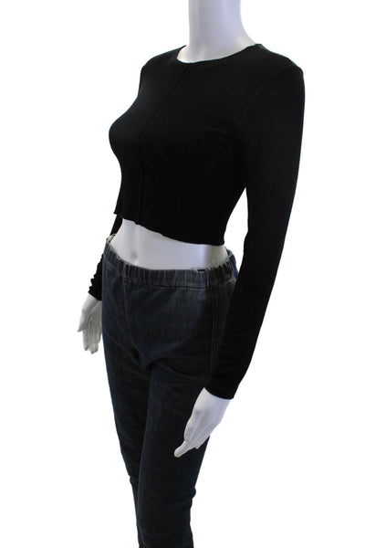 Zara Women Cropped Black Viscose Long Sleeve T-Shirt Size M