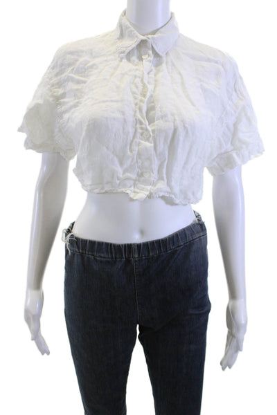 Zara Women Cropped Linen Button-Up Blouse White Collared Short Sleeve Size M