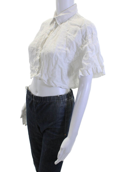 Zara Women Cropped Linen Button-Up Blouse White Collared Short Sleeve Size M