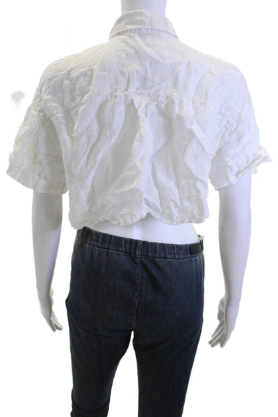 Zara Women Cropped Linen Button-Up Blouse White Collared Short Sleeve Size M