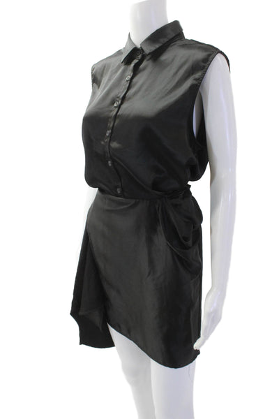 Aqua Women Mini Shirt Dress Black Collared Button Sleeveless Size M