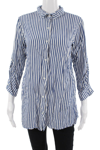 Tommy Bahama Women Blue Striped Viscose Tunic Button-Up 3/4 Sleeve Size M