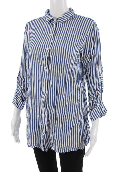Tommy Bahama Women Blue Striped Viscose Tunic Button-Up 3/4 Sleeve Size M