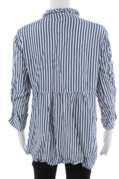 Tommy Bahama Women Blue Striped Viscose Tunic Button-Up 3/4 Sleeve Size M