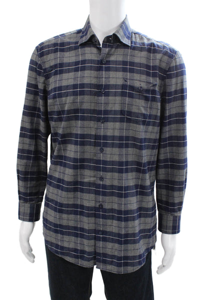 Johnnie-o Mens Plaid Button Down Shirt Navy Blue Grey Cotton Size Medium
