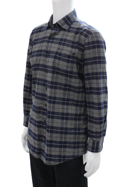 Johnnie-o Mens Plaid Button Down Shirt Navy Blue Grey Cotton Size Medium