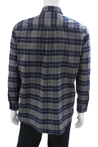 Johnnie-o Mens Plaid Button Down Shirt Navy Blue Grey Cotton Size Medium