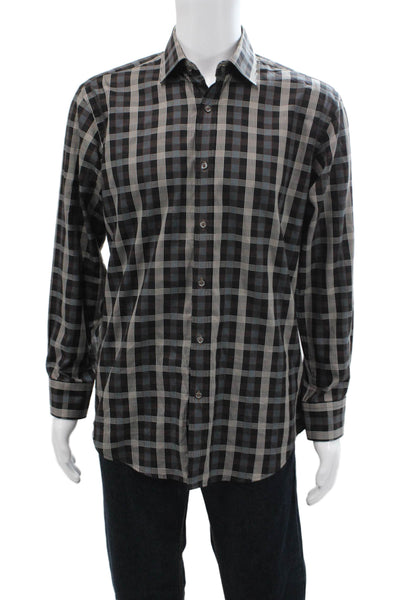 Bugatchi Mens Plaid Button Down Shaped Fit Shirt Multi Colored Size Medium