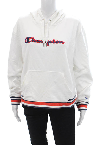 Champion Women Pullover Hoodie White Graphic 90s Drawstring Long Sleeve Size L