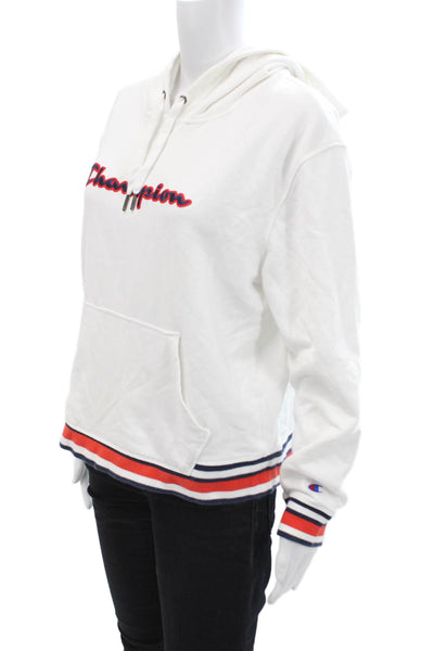 Champion Women Pullover Hoodie White Graphic 90s Drawstring Long Sleeve Size L