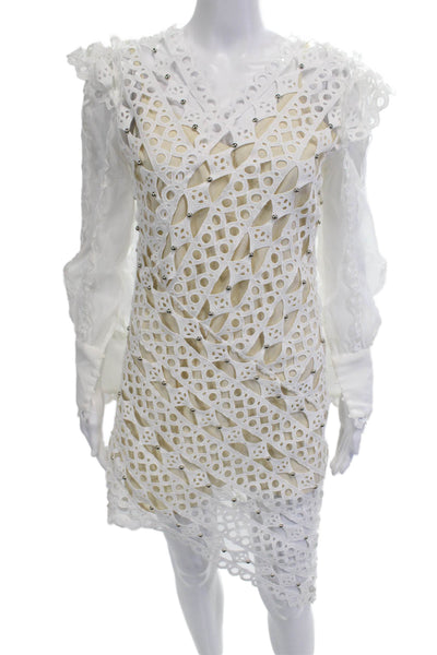 La Pateau Women Shift Dress Beige V-Neck Long Sleeve Geometric Size M