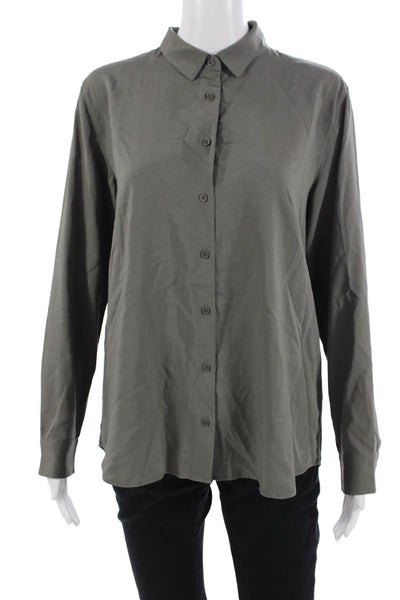 Uniqlo Women Dark Gray Collared Long Sleeve Button-Up Basic Shirt Size M