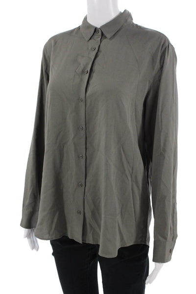 Uniqlo Women Dark Gray Collared Long Sleeve Button-Up Basic Shirt Size M