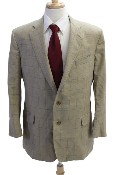 Brooks Brothers Men Beige Check Pure Wool Sport Coat Collared Button Size 44