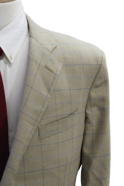 Brooks Brothers Men Beige Check Pure Wool Sport Coat Collared Button Size 44