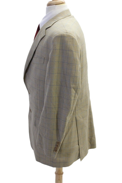 Brooks Brothers Men Beige Check Pure Wool Sport Coat Collared Button Size 44