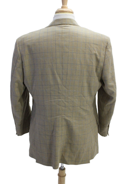 Brooks Brothers Men Beige Check Pure Wool Sport Coat Collared Button Size 44