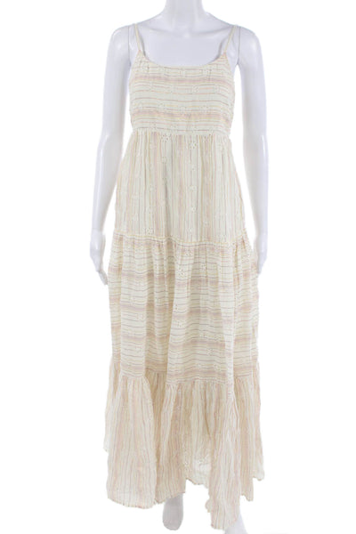 L Space Women Maxi Sundress Beige Striped Tie Waist Sleeveless Size M