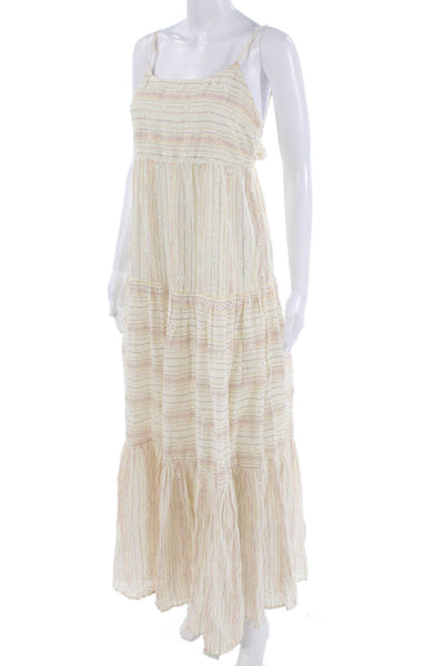 L Space Women Maxi Sundress Beige Striped Tie Waist Sleeveless Size M