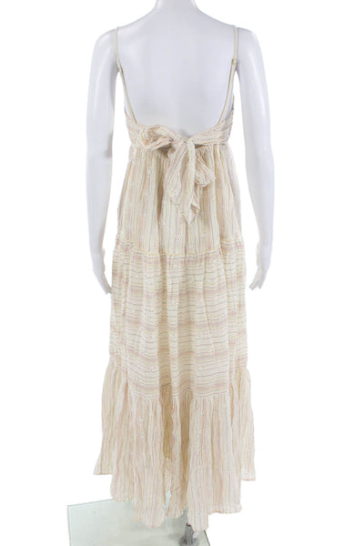 L Space Women Maxi Sundress Beige Striped Tie Waist Sleeveless Size M