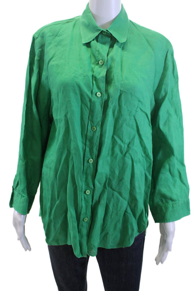 Zara Women Basic Linen Collared Long Sleeve Button-Up Blouse Green Size S
