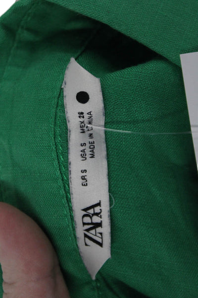 Zara Women Basic Linen Collared Long Sleeve Button-Up Blouse Green Size S