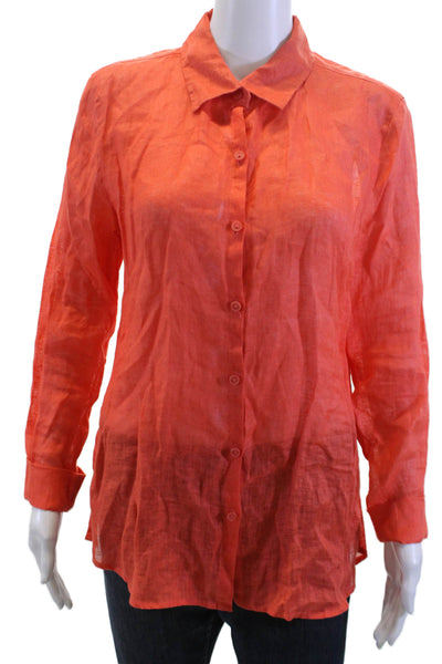 C&C California Womens Linen Button-Up Collared Long Sleeve Blouse Orange Size S