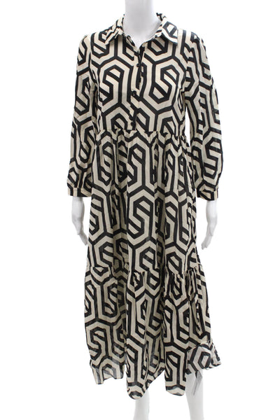 Zara Women Maxi Shirt Dress Beige Cotton Collared Long Sleeve Geometric Size XS
