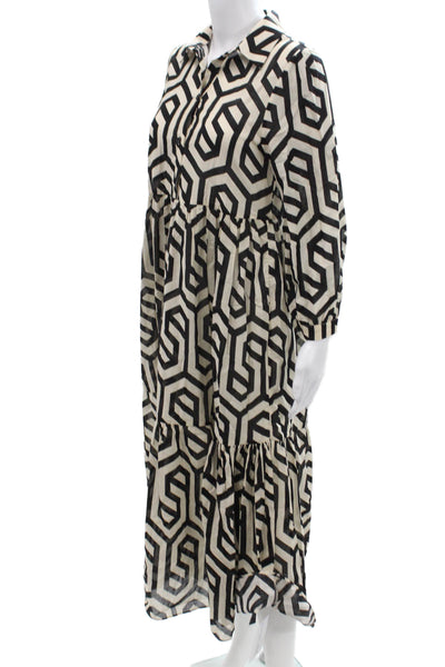 Zara Women Maxi Shirt Dress Beige Cotton Collared Long Sleeve Geometric Size XS