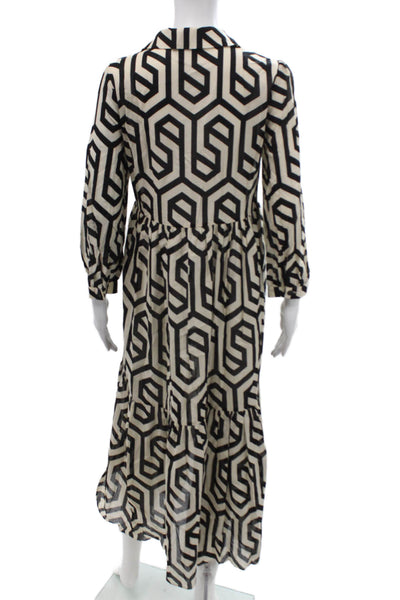 Zara Women Maxi Shirt Dress Beige Cotton Collared Long Sleeve Geometric Size XS