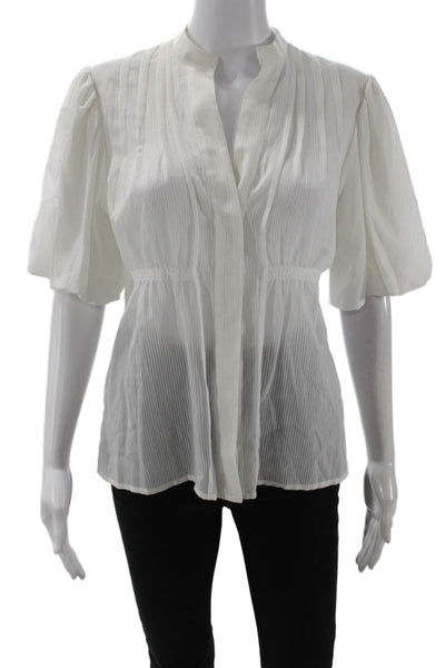 BCBGMAXAZRIA Women White Striped Mock Neck Short Sleeve Blouse Size M